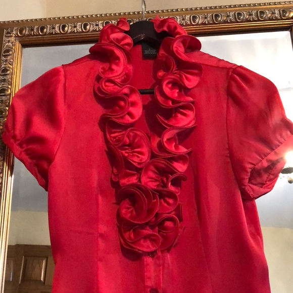 SPENSE NWOT Deep Orange Silky Ruffled Collar Top - Picture 2 of 8